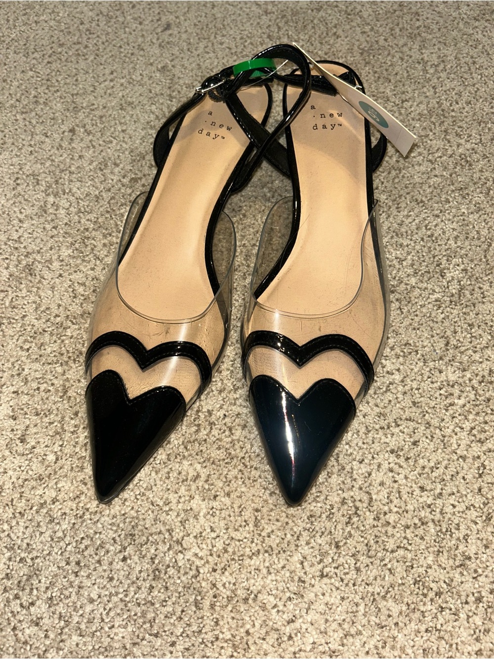 NWT a new day Black and Clear Pointed Heart Accent Slingback Flats Sz 9.5 - Picture 1 of 5